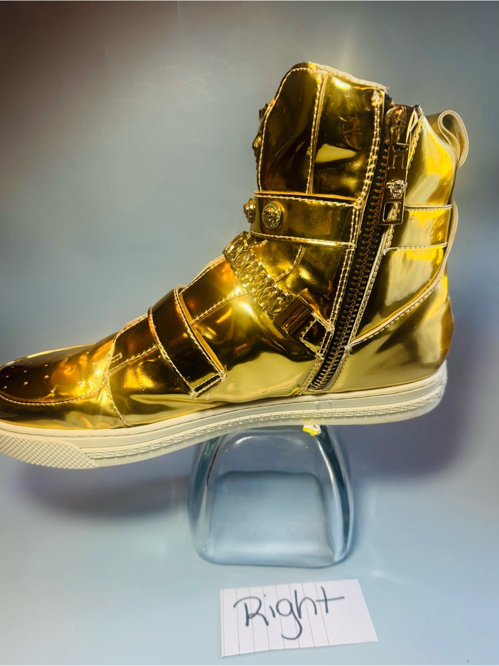 Versace Metallic Gold High-Top Sneakers with Medusa Plaques - Picture 13 of 16